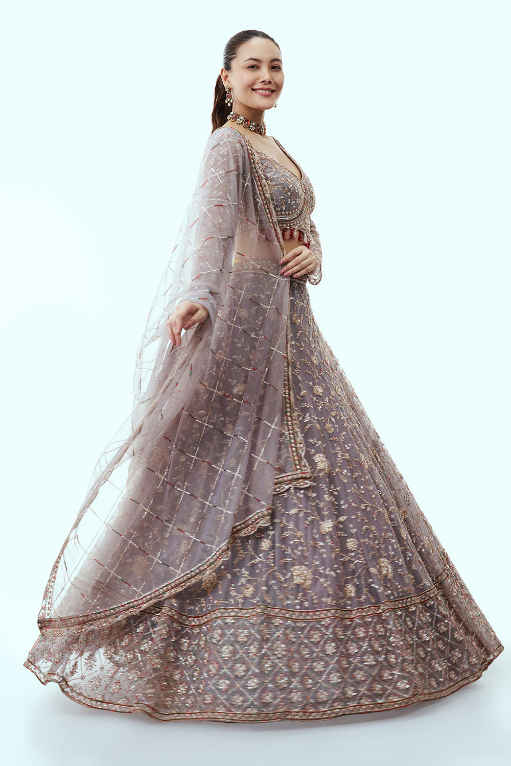 Grey Net Lehenga with Cutdana and Sequin Embroidery