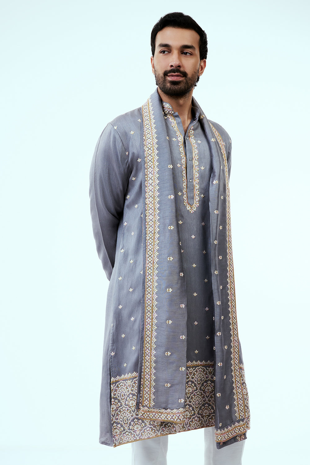 Grey Raw Silk Mens Kurta Set in Resham Work with Dupatta