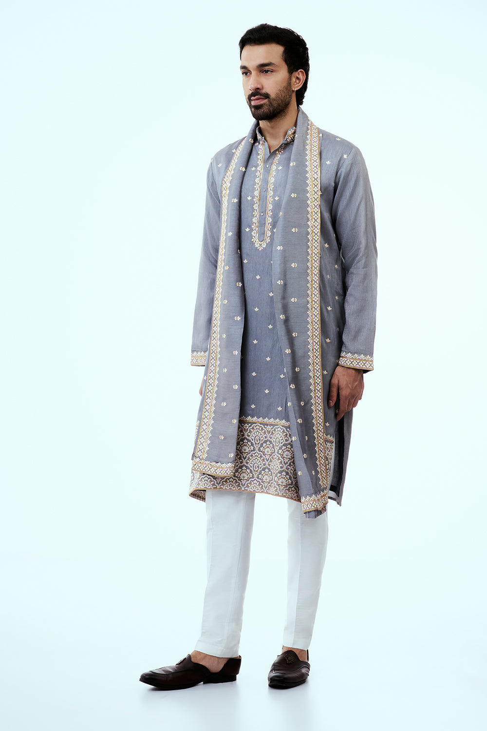 Grey Raw Silk Mens Kurta Set in Resham Work with Dupatta
