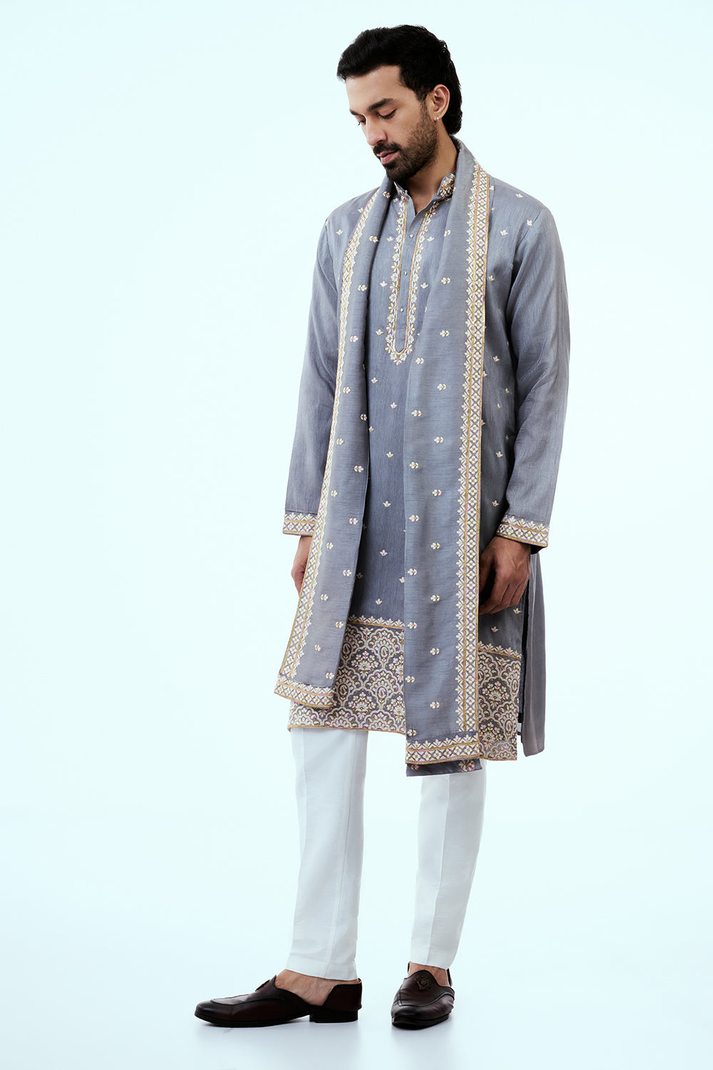 Grey Raw Silk Mens Kurta Set in Resham Work with Dupatta