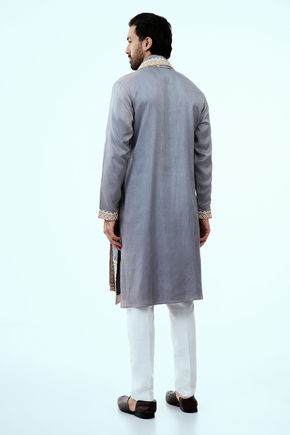 Grey Raw Silk Mens Kurta Set in Resham Work with Dupatta