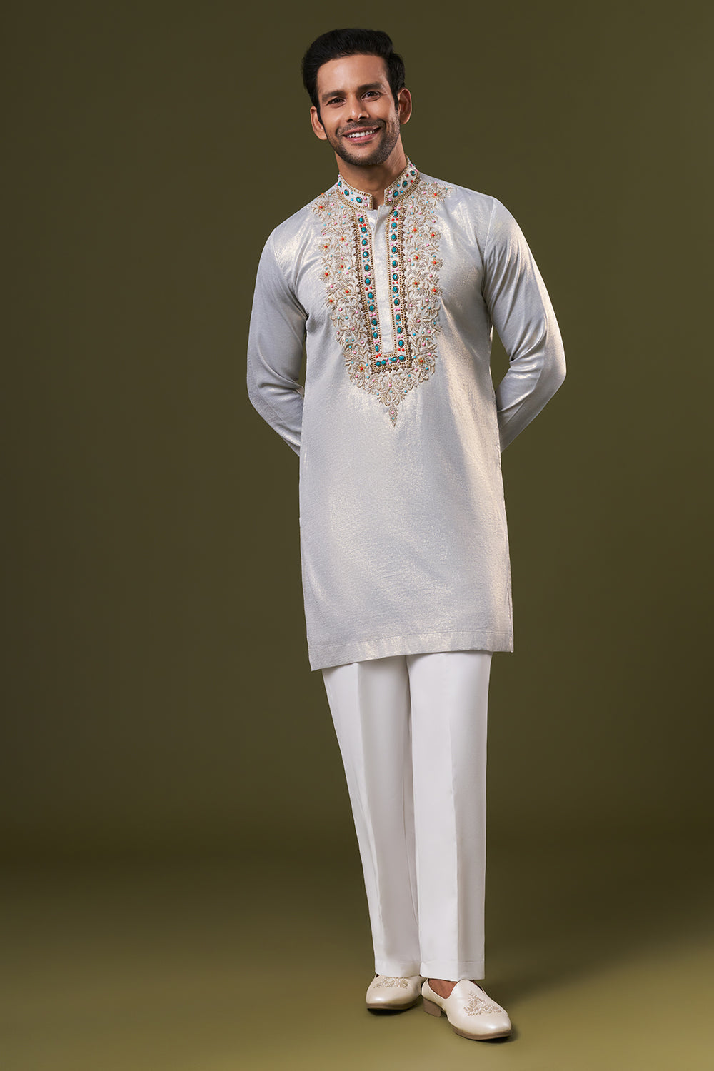 Grey Shimmer Mens Kurta Set with Beads and Zardosi Embroidery