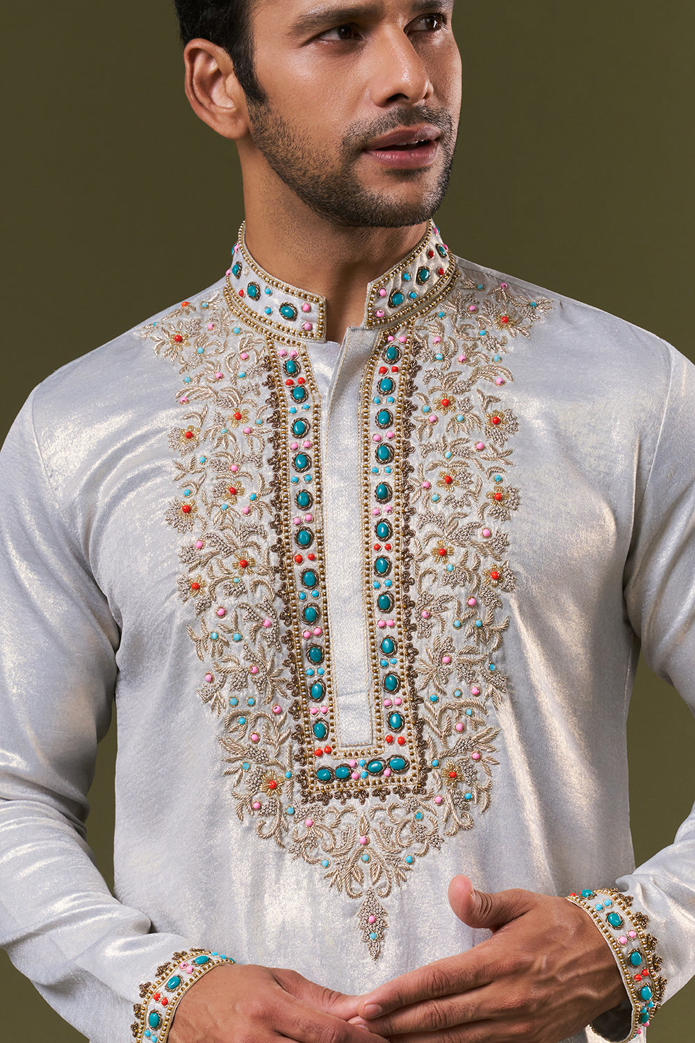 Grey Shimmer Mens Kurta Set with Beads and Zardosi Embroidery