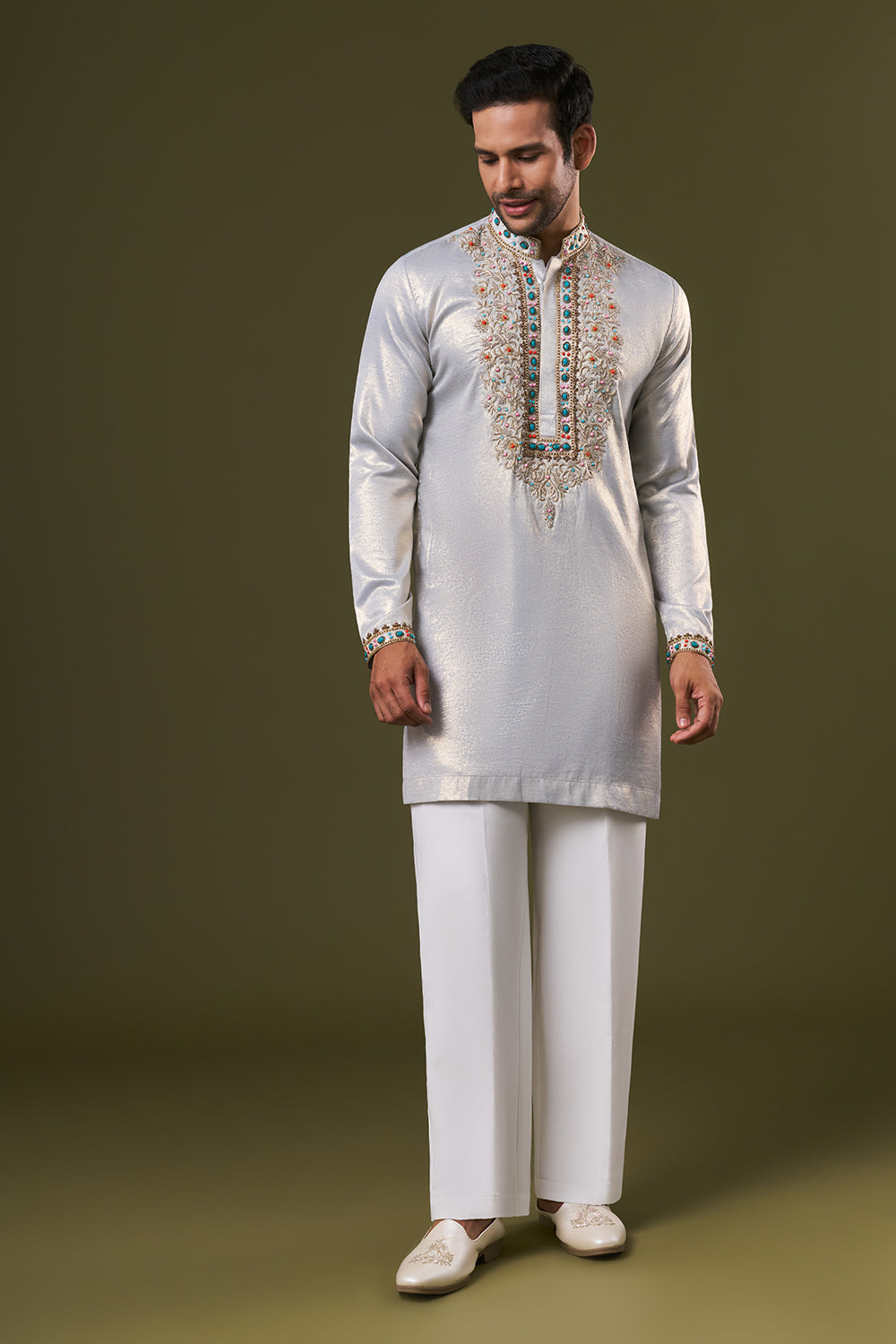 Grey Shimmer Mens Kurta Set with Beads and Zardosi Embroidery