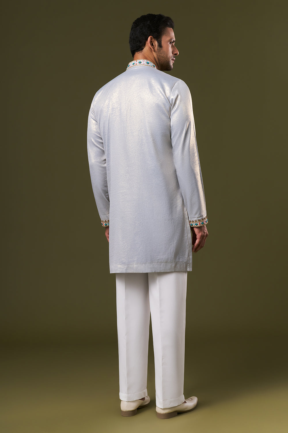 Grey Shimmer Mens Kurta Set with Beads and Zardosi Embroidery