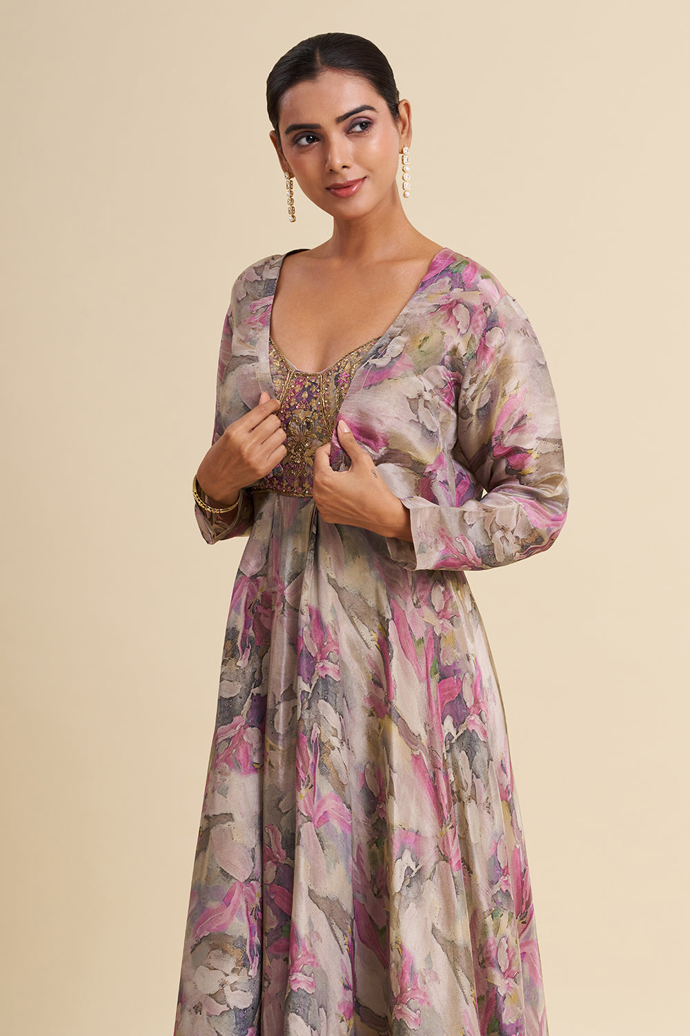 Grey Shimmer Viscose Gown with Zardozi Embroidery
