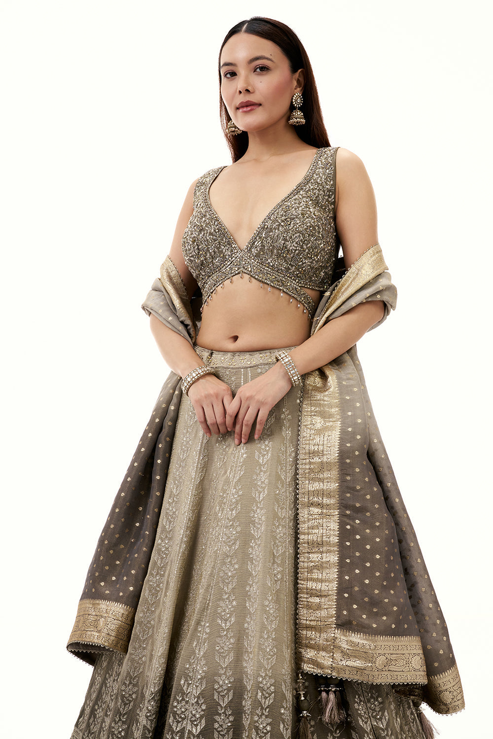 Grey Tissue Lehenga with Zari and Cutdana Work