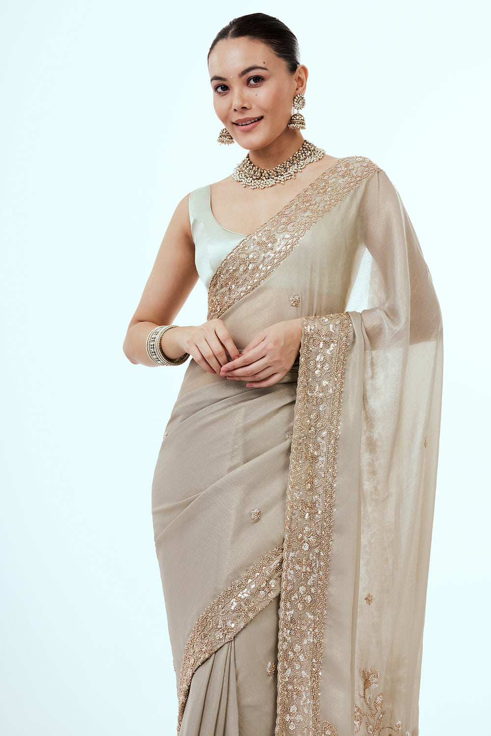 Grey Tissue Silk Saree with Hand Work