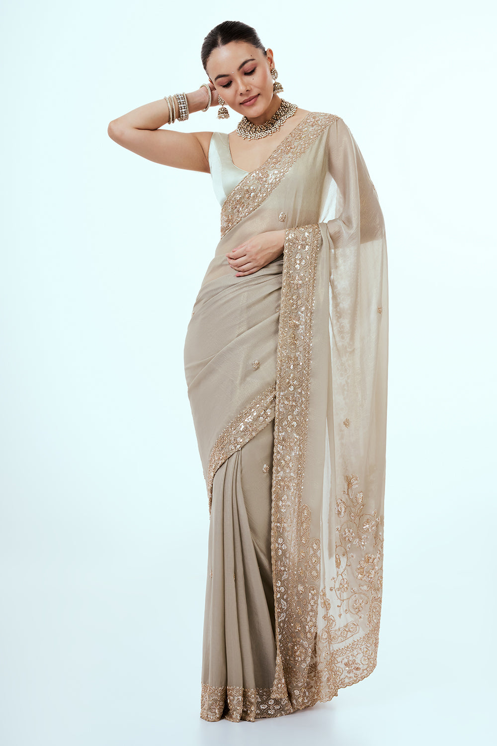 Grey Tissue Silk Saree with Hand Work