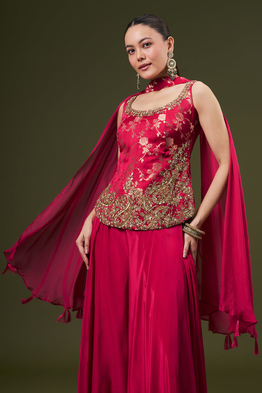 Hot Pink Banarasi Silk Palazzo Suit with Cutdana and Sequin Work