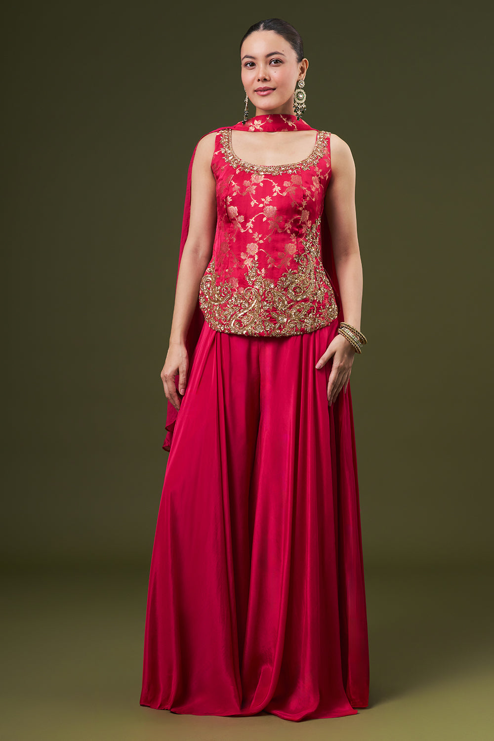 Hot Pink Banarasi Silk Palazzo Suit with Cutdana and Sequin Work