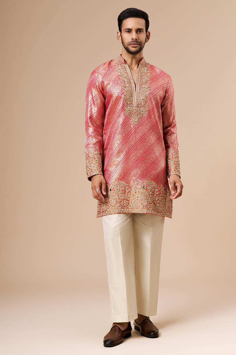 Hot Pink Brocade Silk Mens Kurta Set with Zari Work