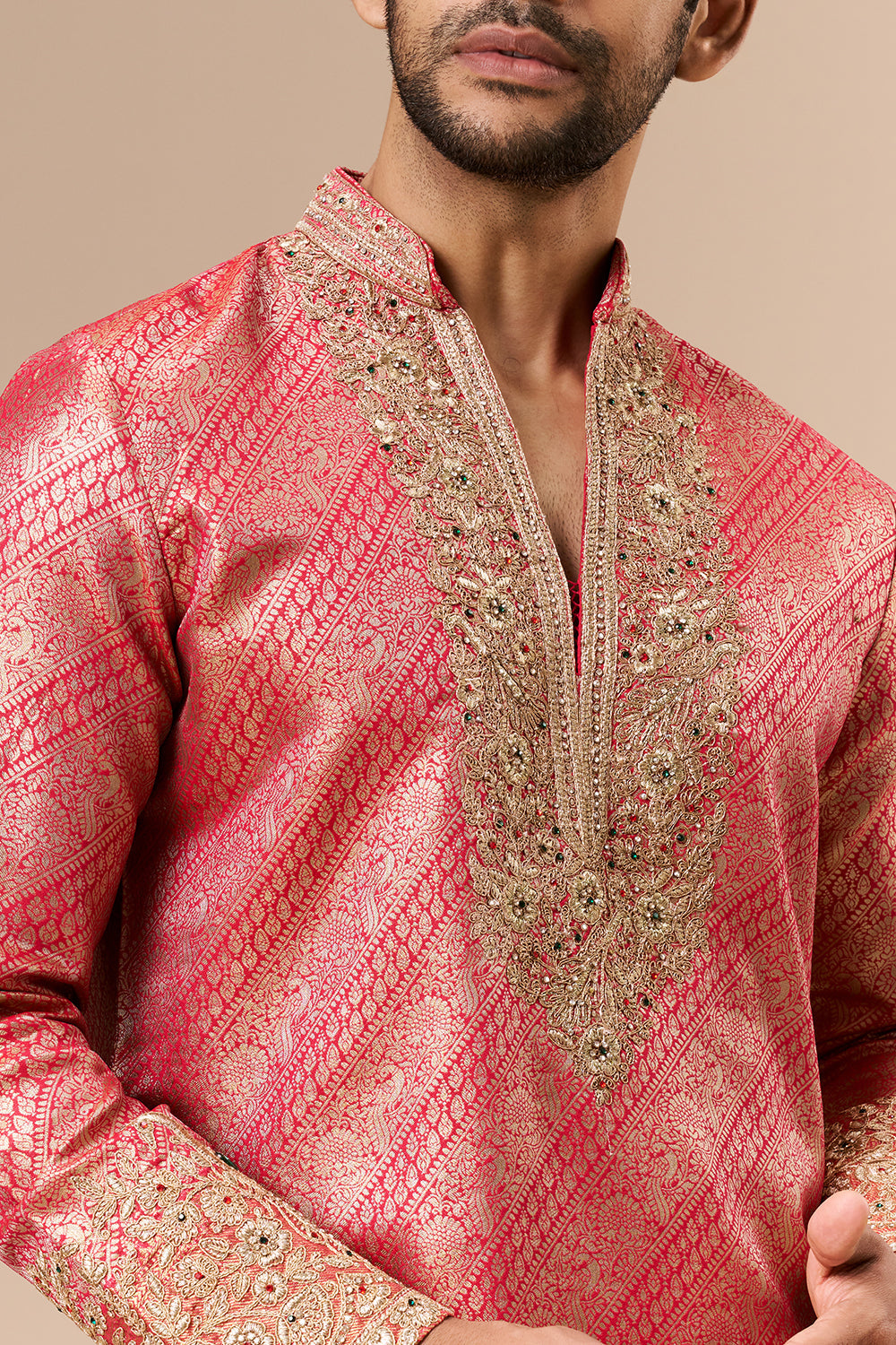 Hot Pink Brocade Silk Mens Kurta Set with Zari Work