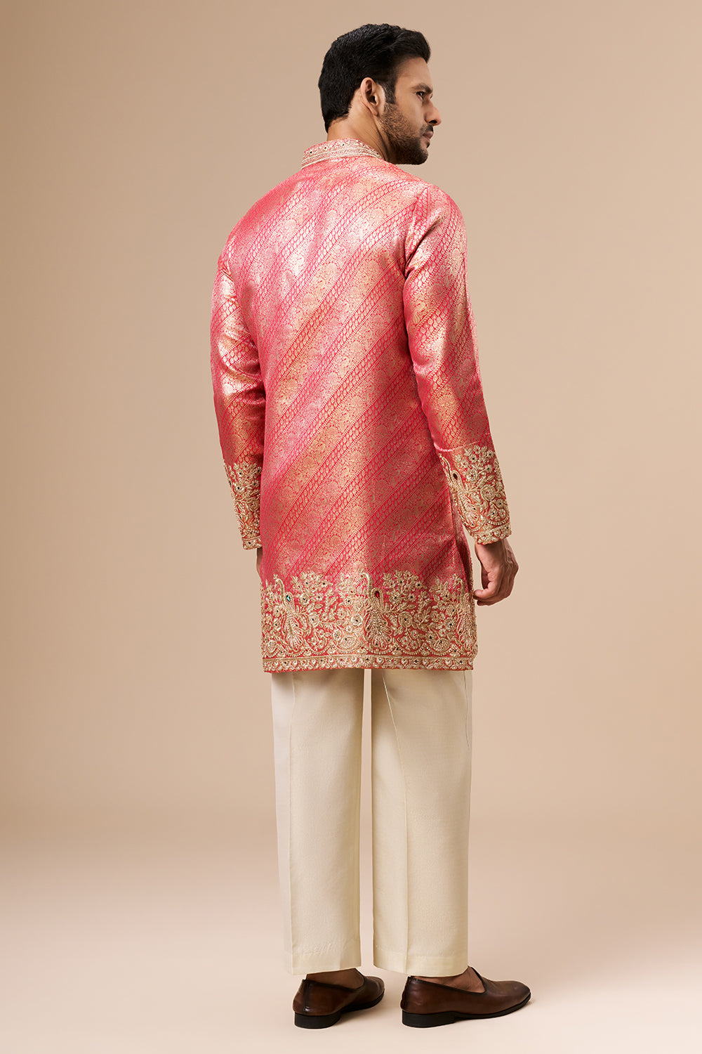 Hot Pink Brocade Silk Mens Kurta Set with Zari Work