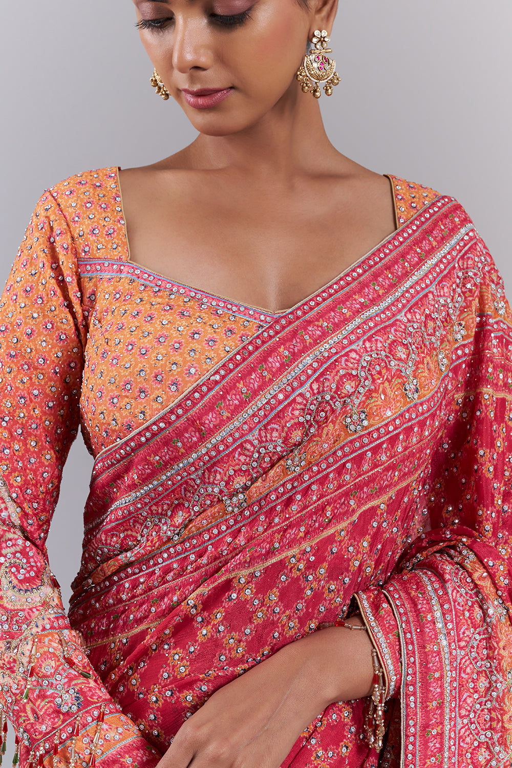 Hot Pink Crepe Embellished Saree And Stitched Blouse