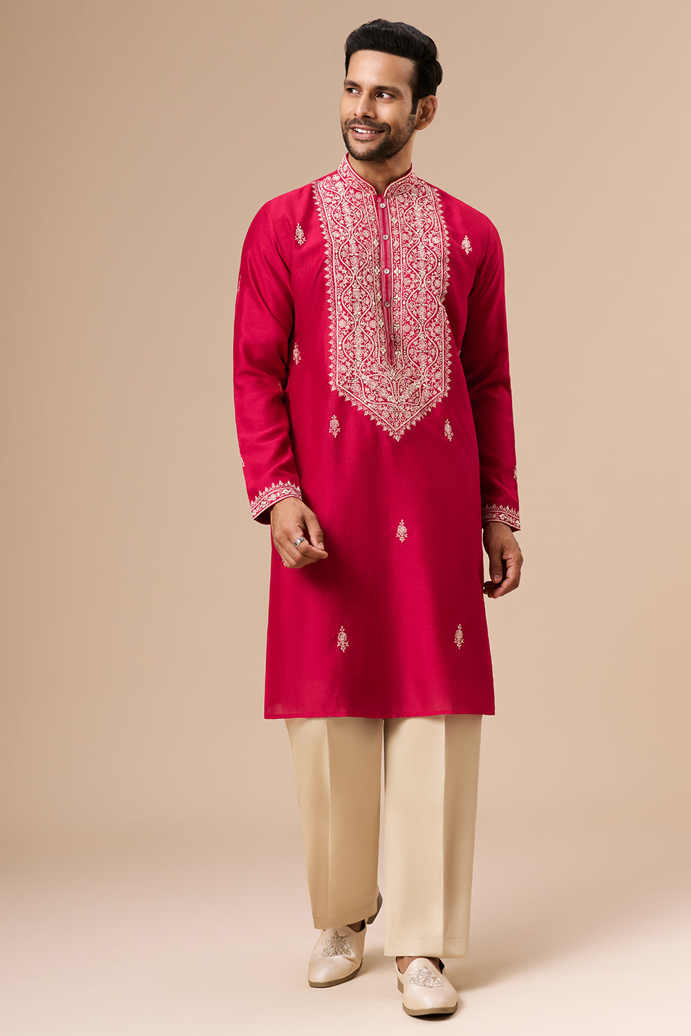 Hot Pink Georgette Mens Kurta Set with Zari and Sequin Work
