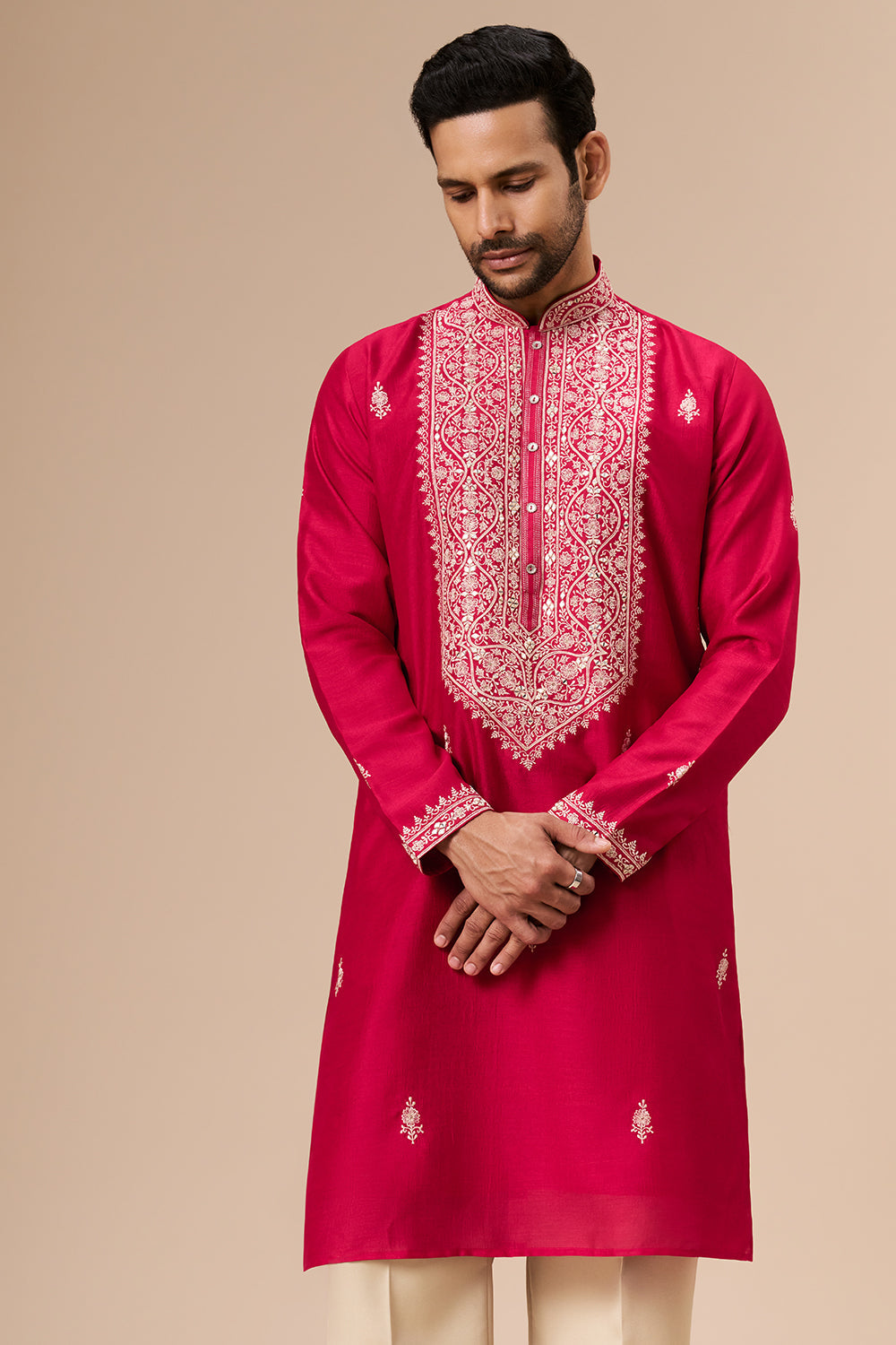 Hot Pink Georgette Mens Kurta Set with Zari and Sequin Work