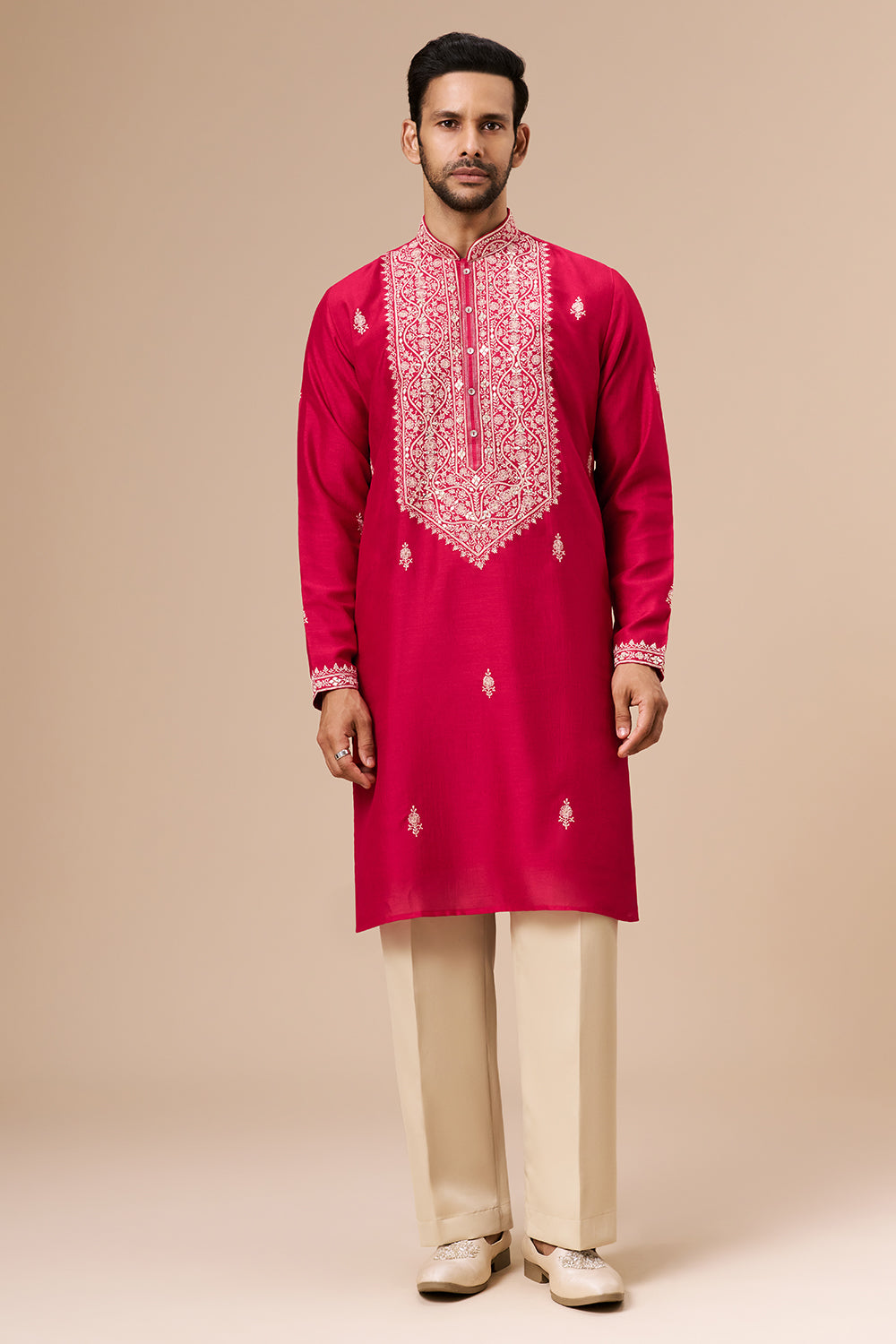 Hot Pink Georgette Mens Kurta Set with Zari and Sequin Work