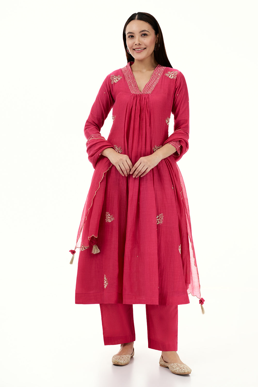Hot Pink Mul Cotton Kurta Set with Zardosi and Bead Work