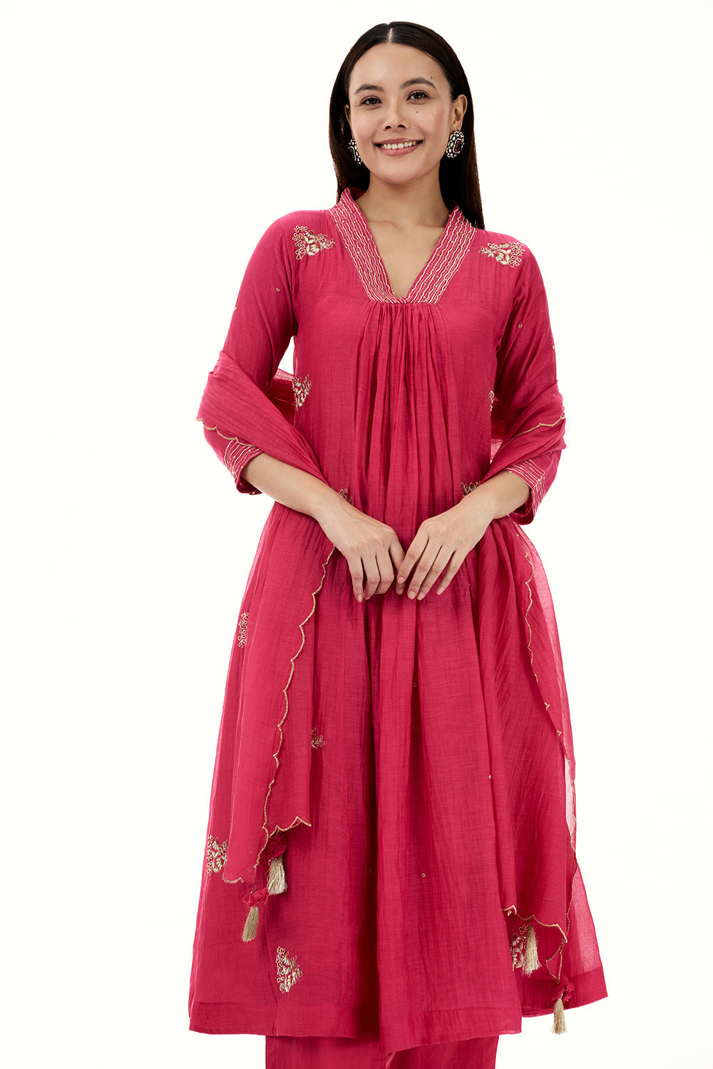 Hot Pink Mul Cotton Kurta Set with Zardosi and Bead Work