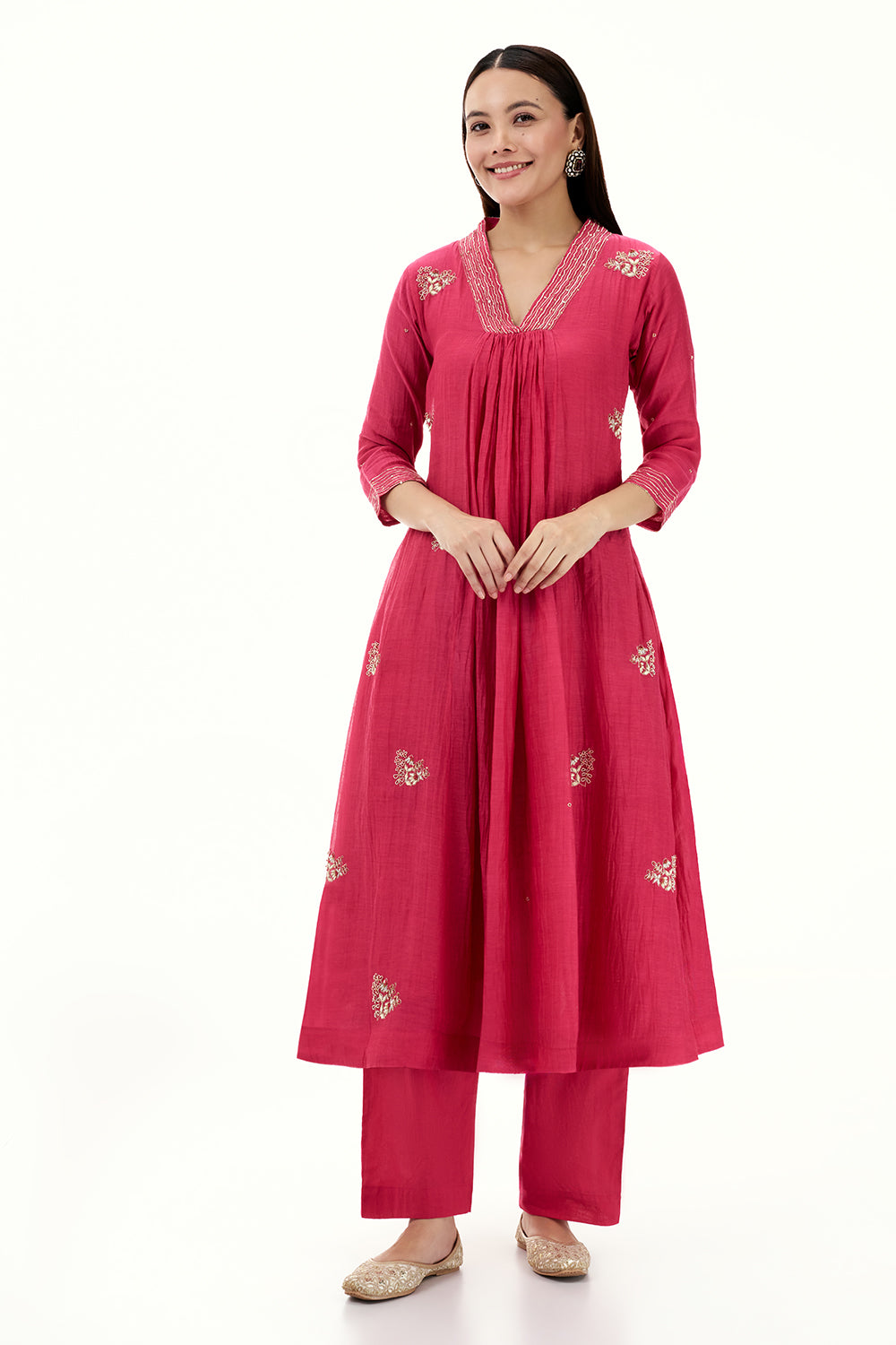 Hot Pink Mul Cotton Kurta Set with Zardosi and Bead Work