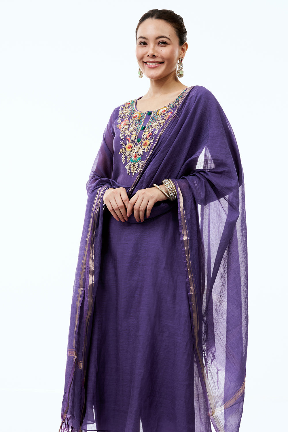 Indigo Chanderi Silk Suit Set with Cutdana and Gotta Work