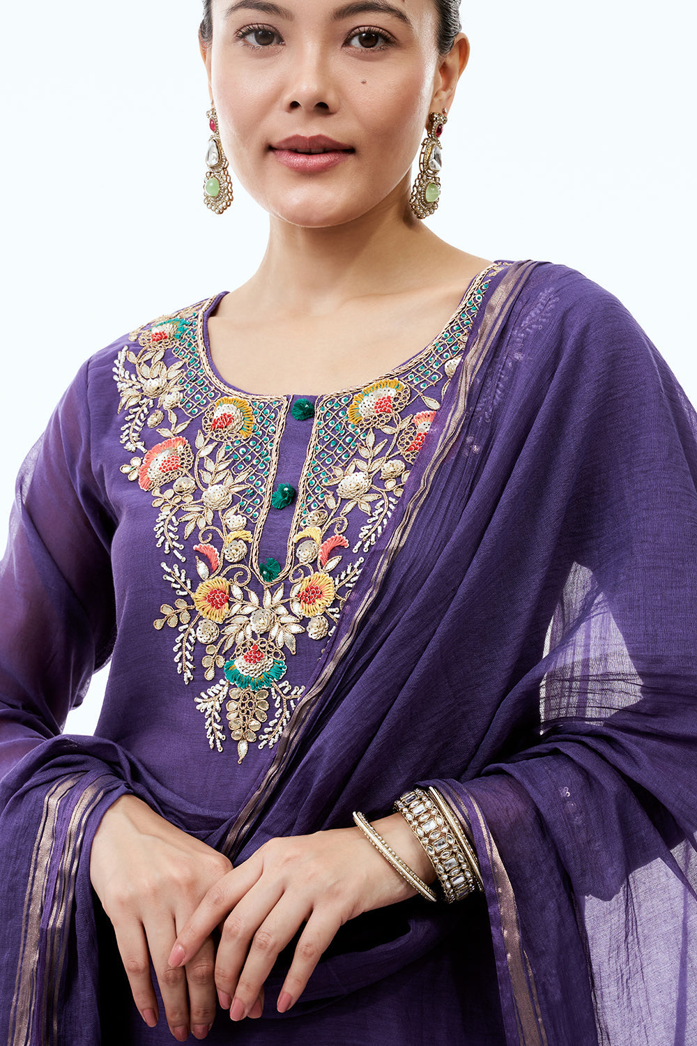 Indigo Chanderi Silk Suit Set with Cutdana and Gotta Work