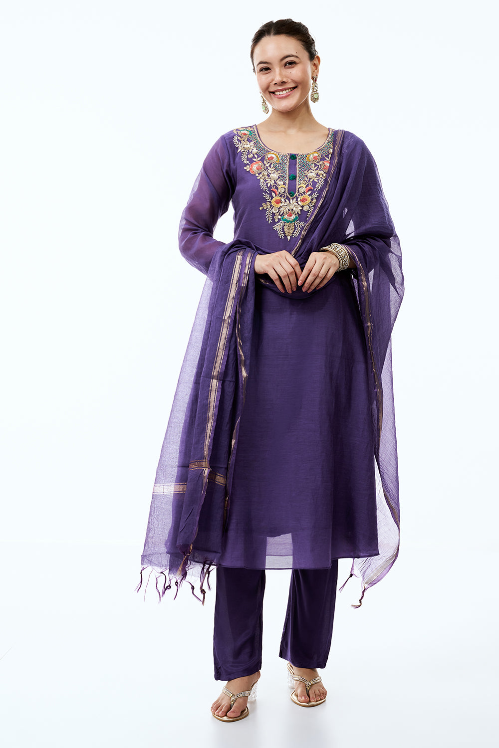 Indigo Chanderi Silk Suit Set with Cutdana and Gotta Work