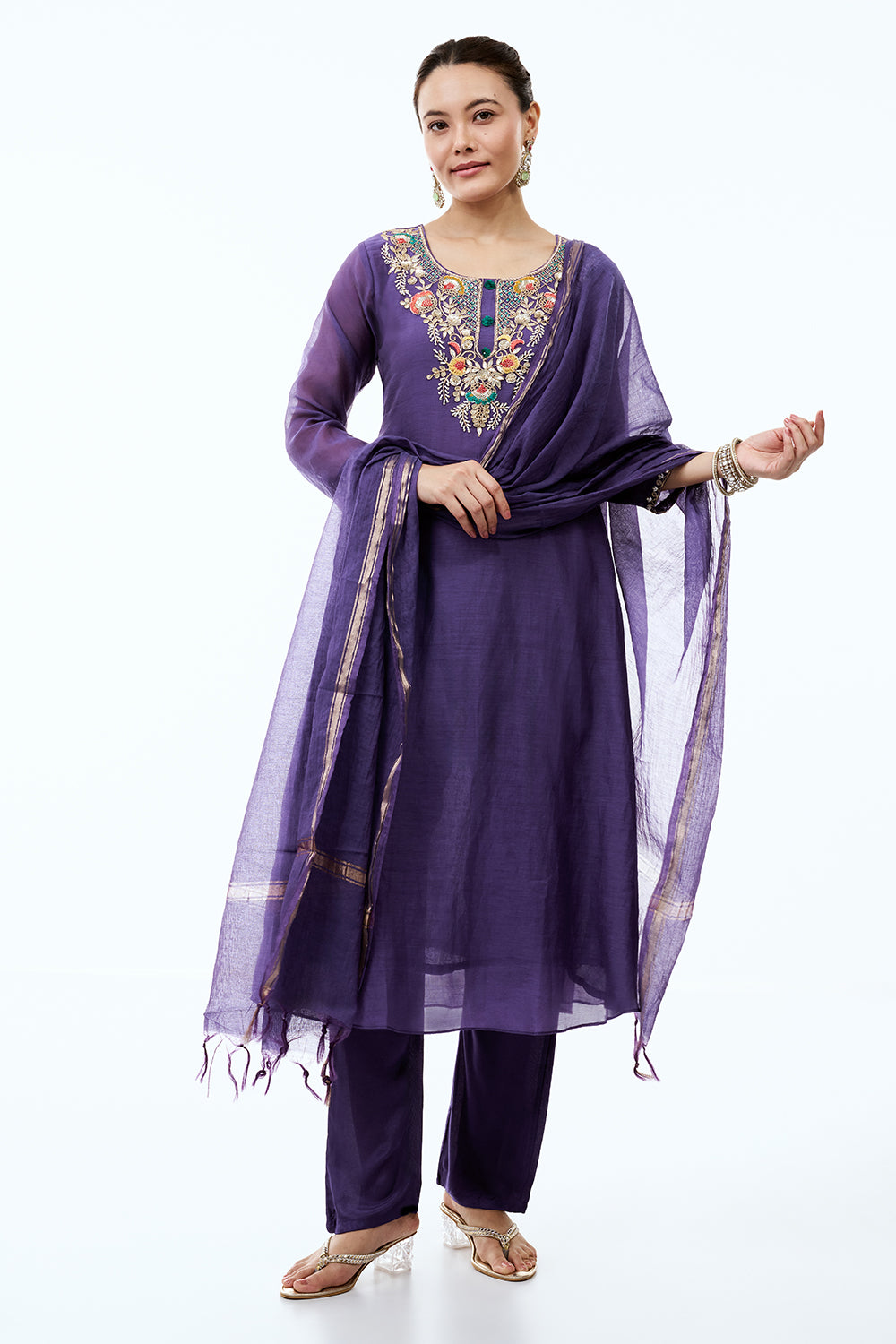 Indigo Chanderi Silk Suit Set with Cutdana and Gotta Work