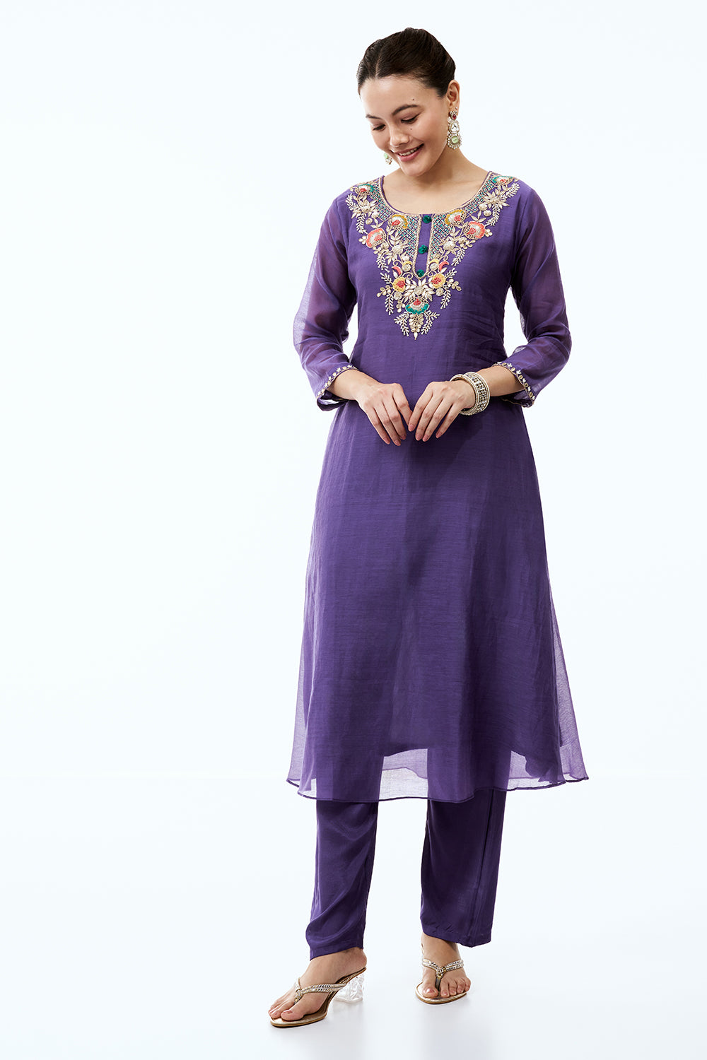 Indigo Chanderi Silk Suit Set with Cutdana and Gotta Work
