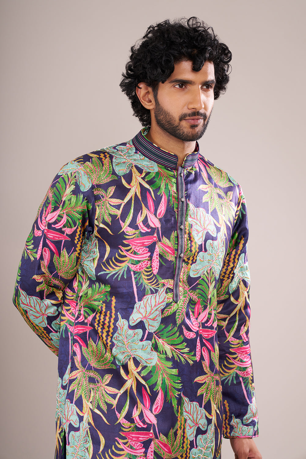 Indigo Men's Silk Blend Printed Kurta Set with Embroidered Nehru Jacket