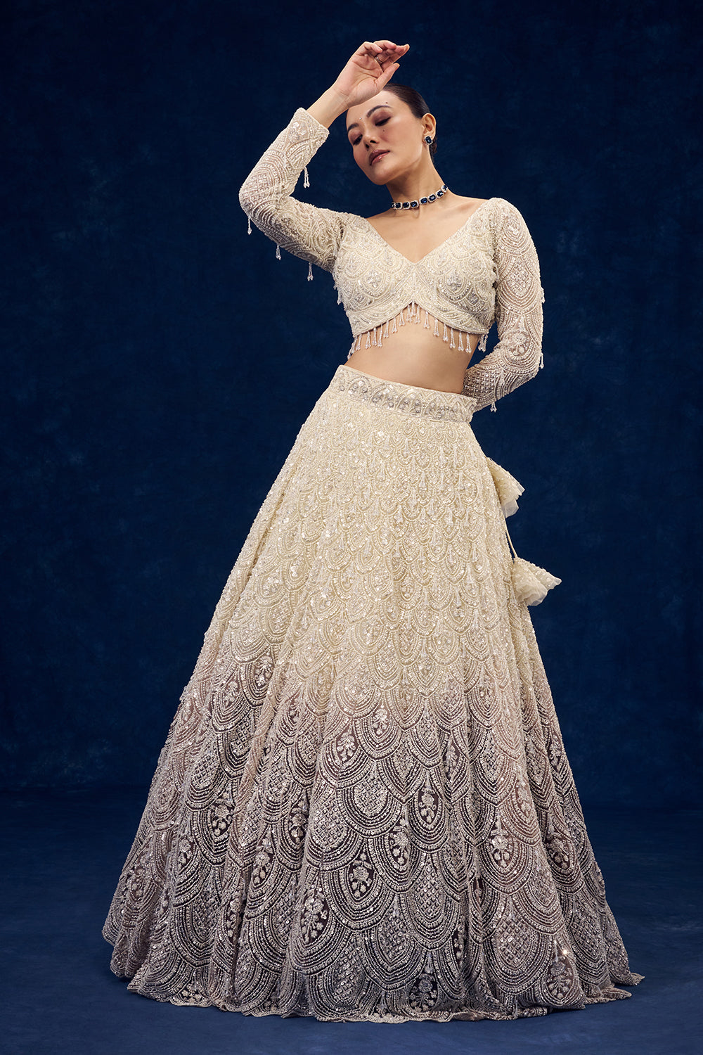 Ivory and Brown Hand Embroidered Net Lehenga with Cutdana Work