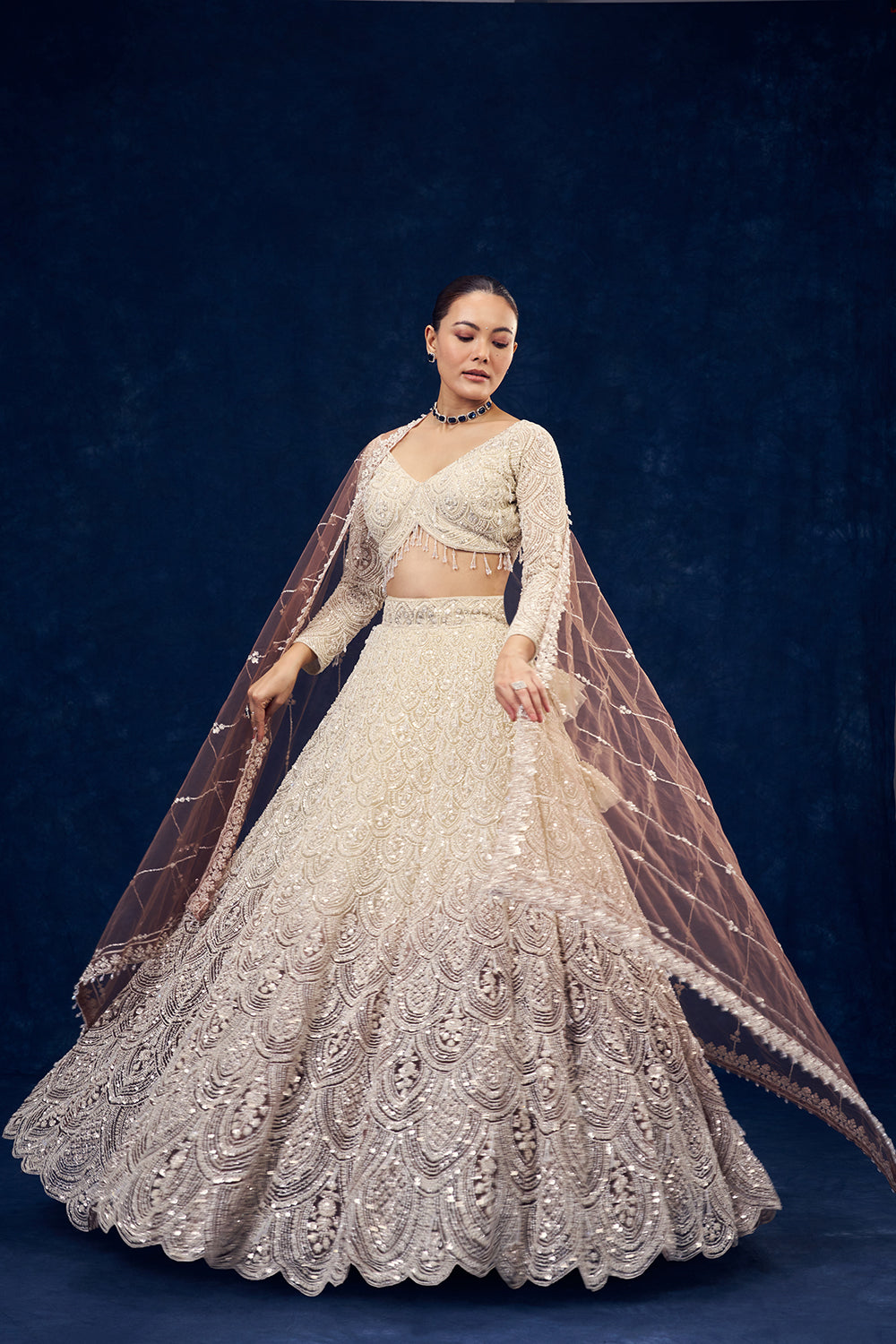 Ivory and Brown Hand Embroidered Net Lehenga with Cutdana Work