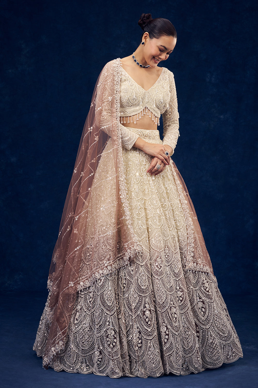 Ivory and Brown Hand Embroidered Net Lehenga with Cutdana Work