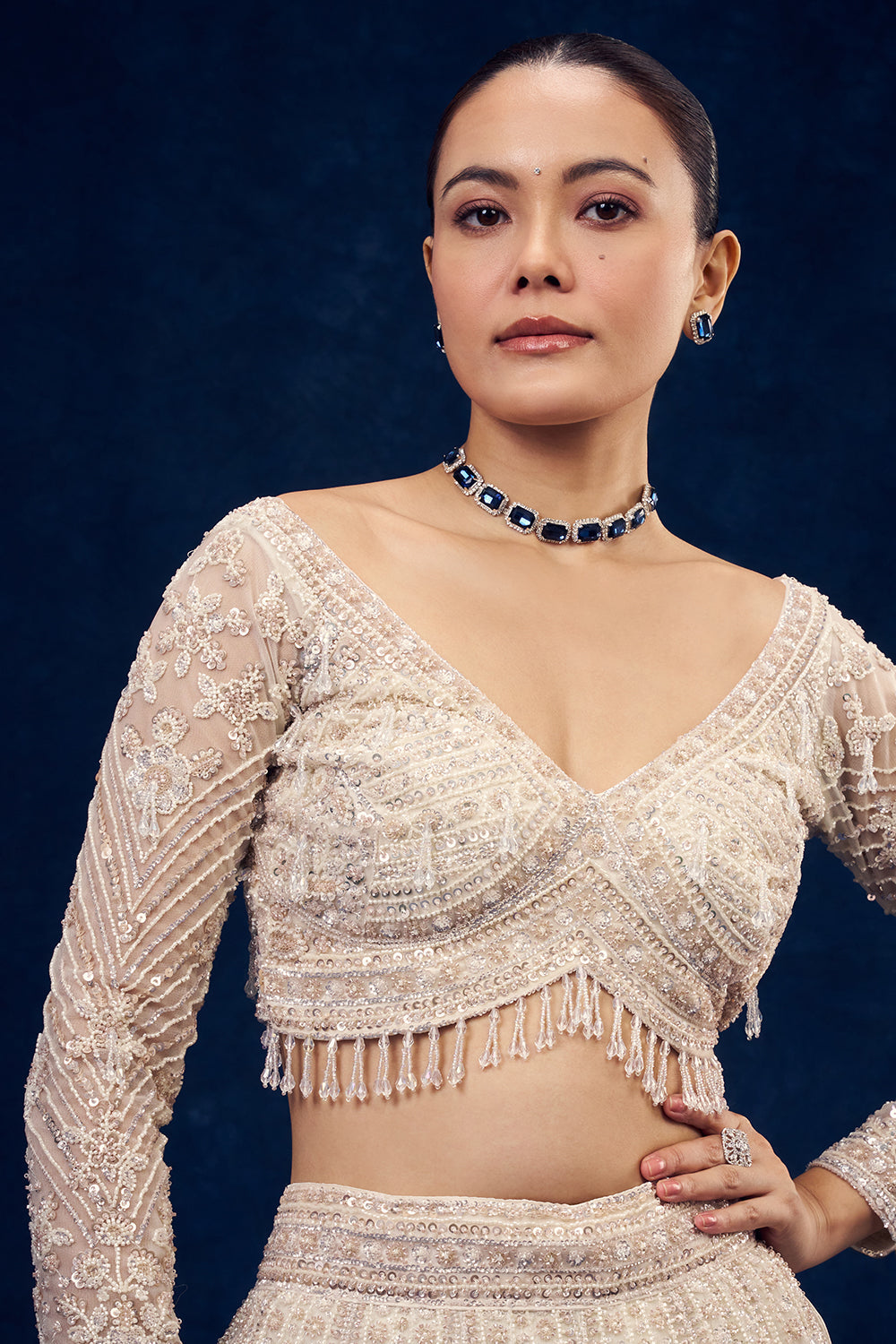 Ivory and Brown Ombre Ornate Net Lehenga with 3D Flowers