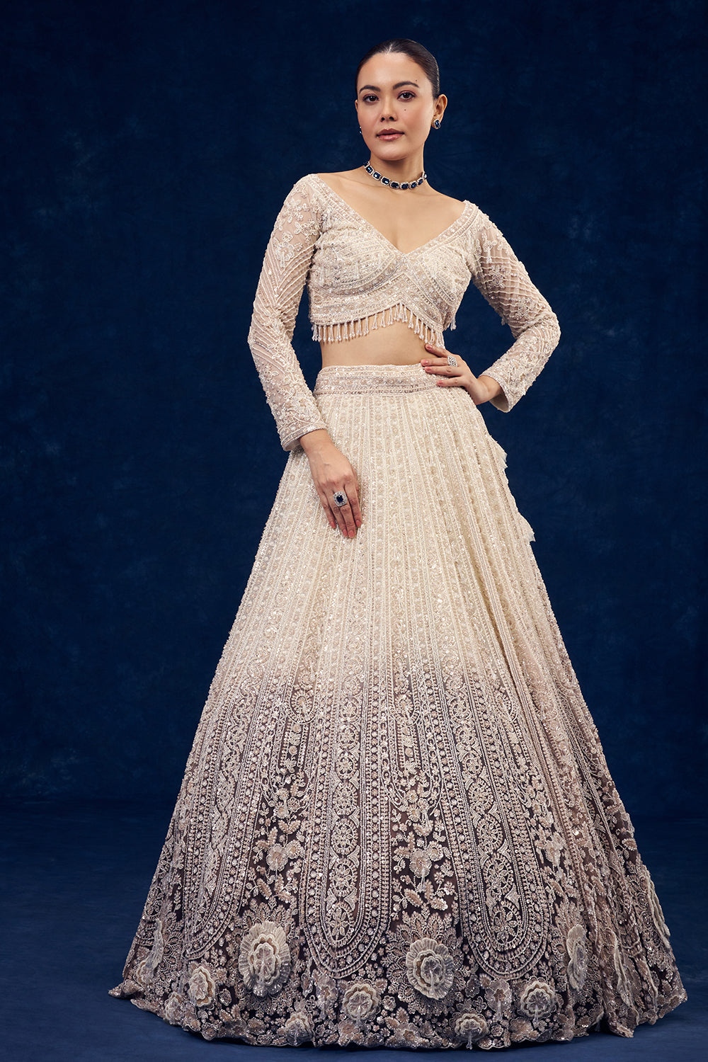 Ivory and Brown Ombre Ornate Net Lehenga with 3D Flowers