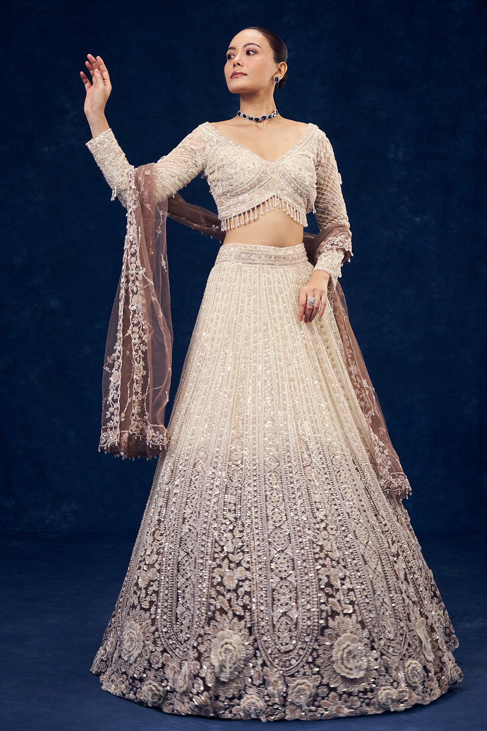 Ivory and Brown Ombre Ornate Net Lehenga with 3D Flowers