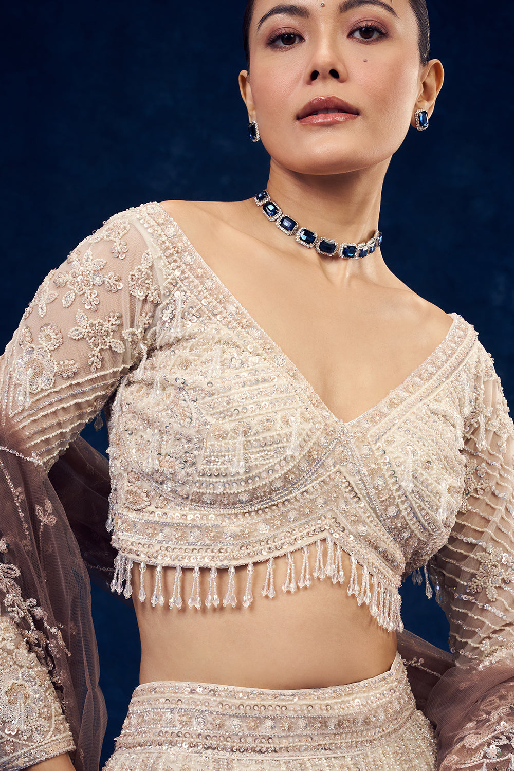Ivory and Brown Ombre Ornate Net Lehenga with 3D Flowers