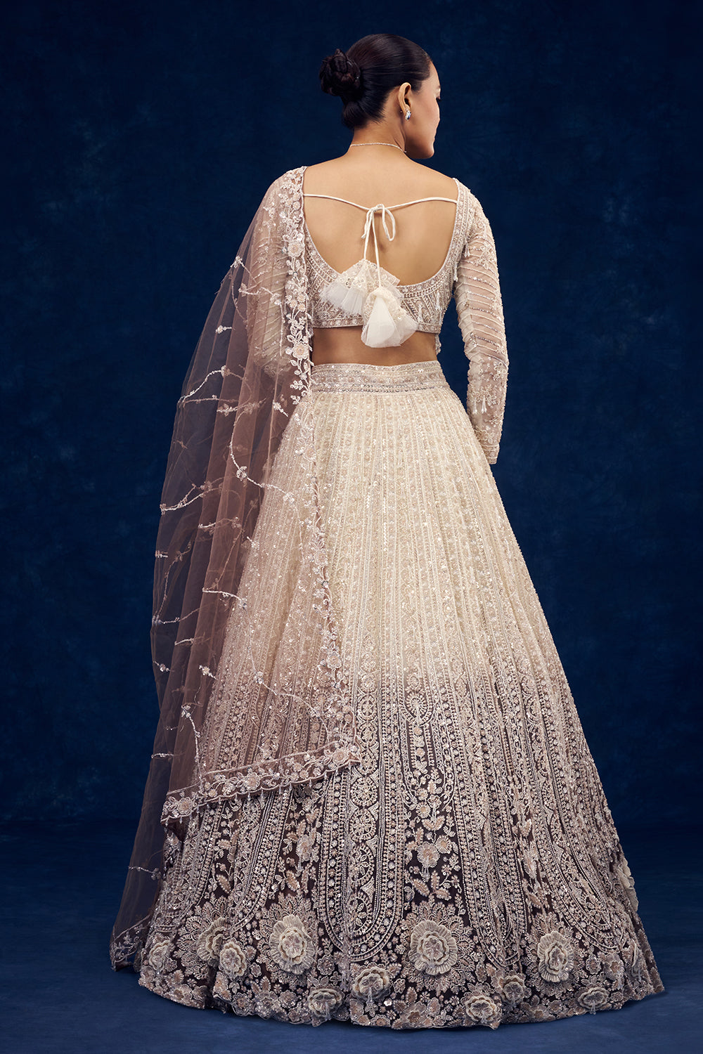Ivory and Brown Ombre Ornate Net Lehenga with 3D Flowers