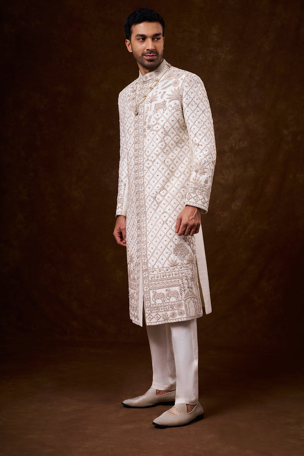 Ivory Art Silk Groom’s Sherwani with Zari Work