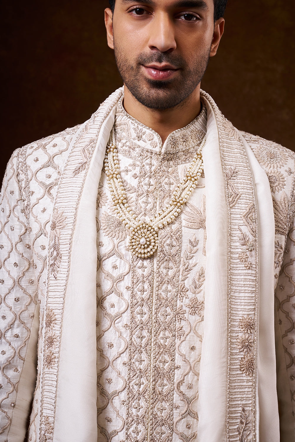 Ivory Art Silk Groom’s Sherwani with Zari Work