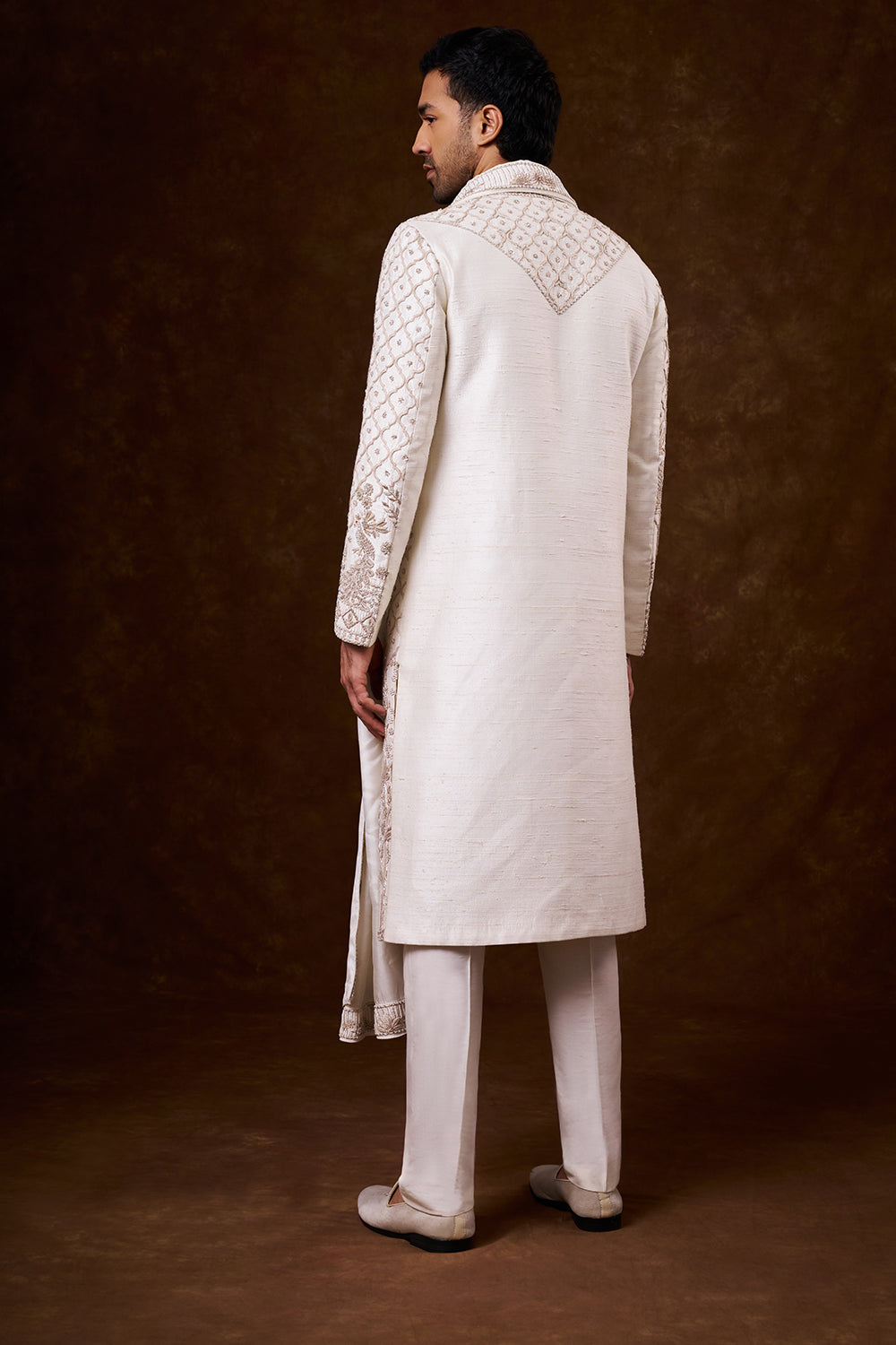 Ivory Art Silk Groom’s Sherwani with Zari Work