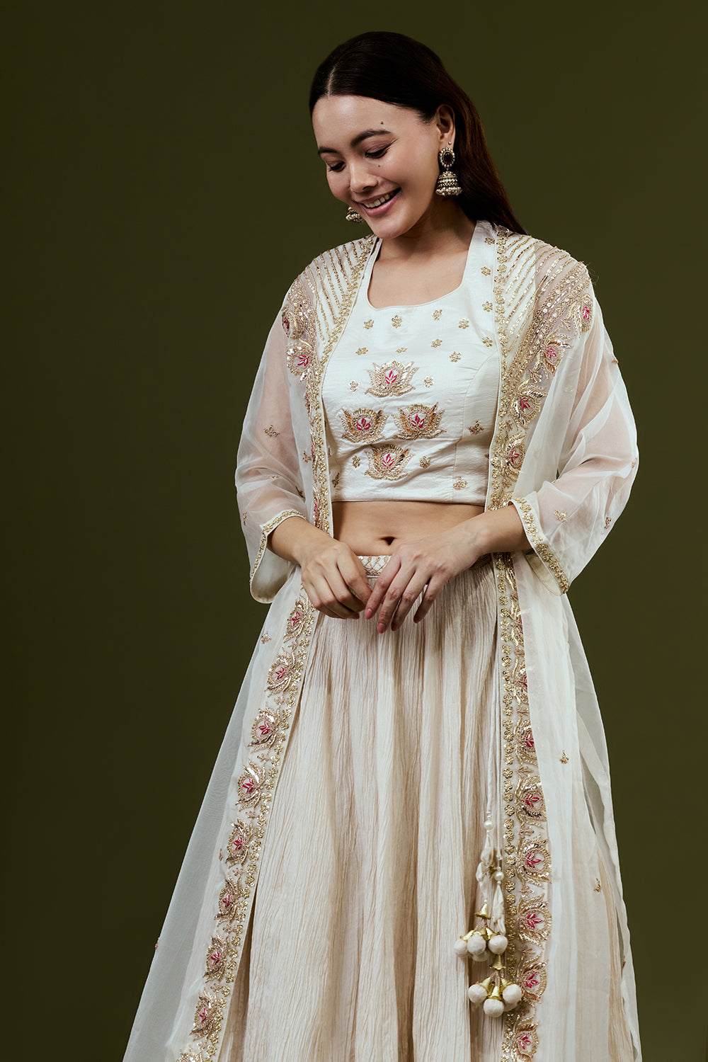 Ivory Art Silk Suit Set with Zardosi and Gota Work