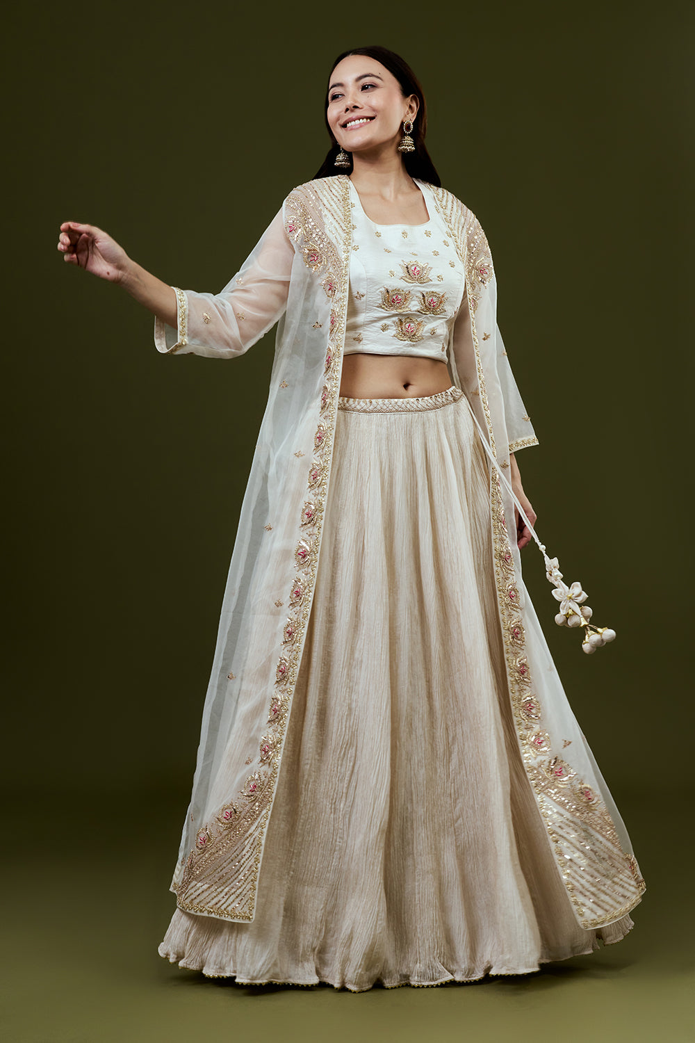 Ivory Art Silk Suit Set with Zardosi and Gota Work