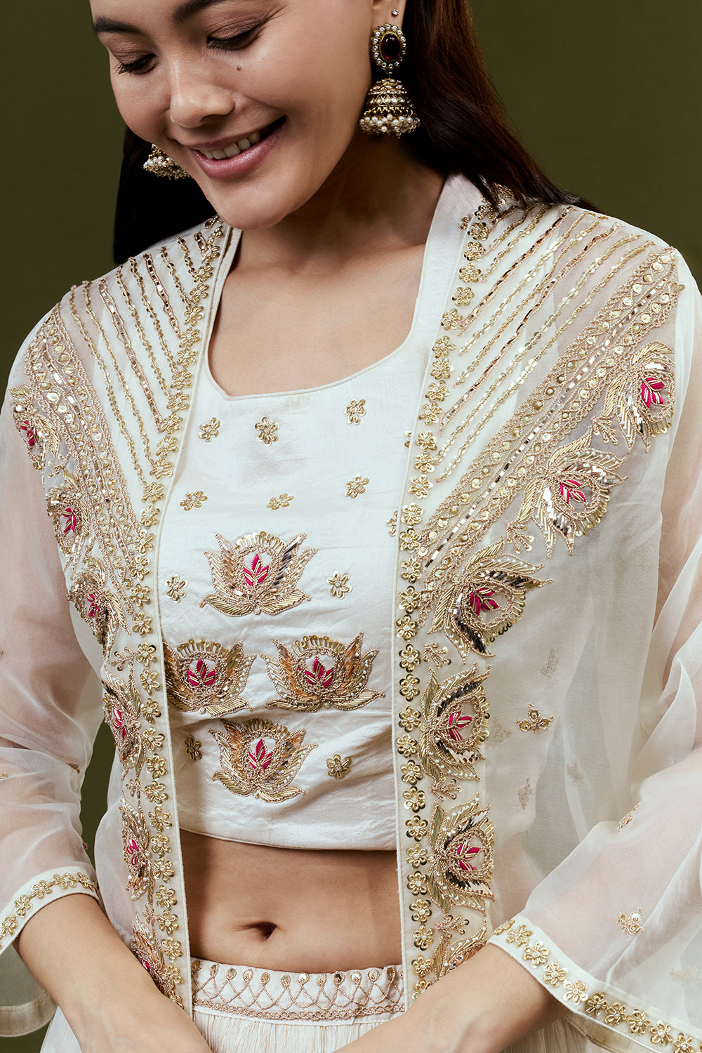 Ivory Art Silk Suit Set with Zardosi and Gota Work