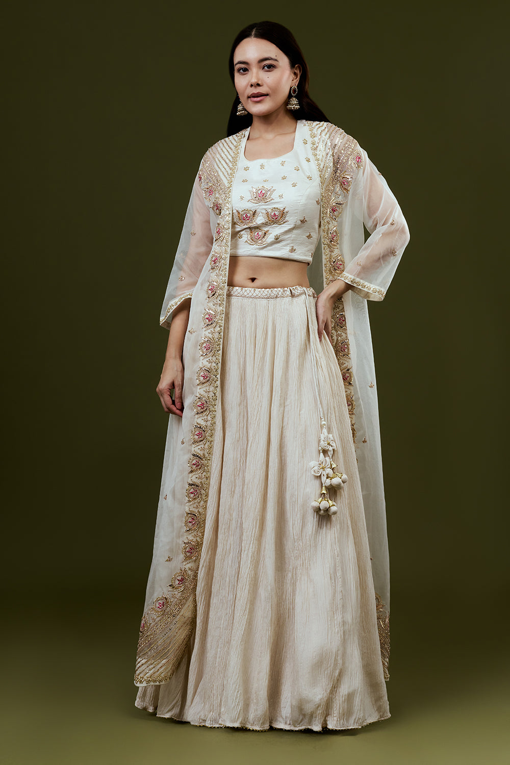 Ivory Art Silk Suit Set with Zardosi and Gota Work