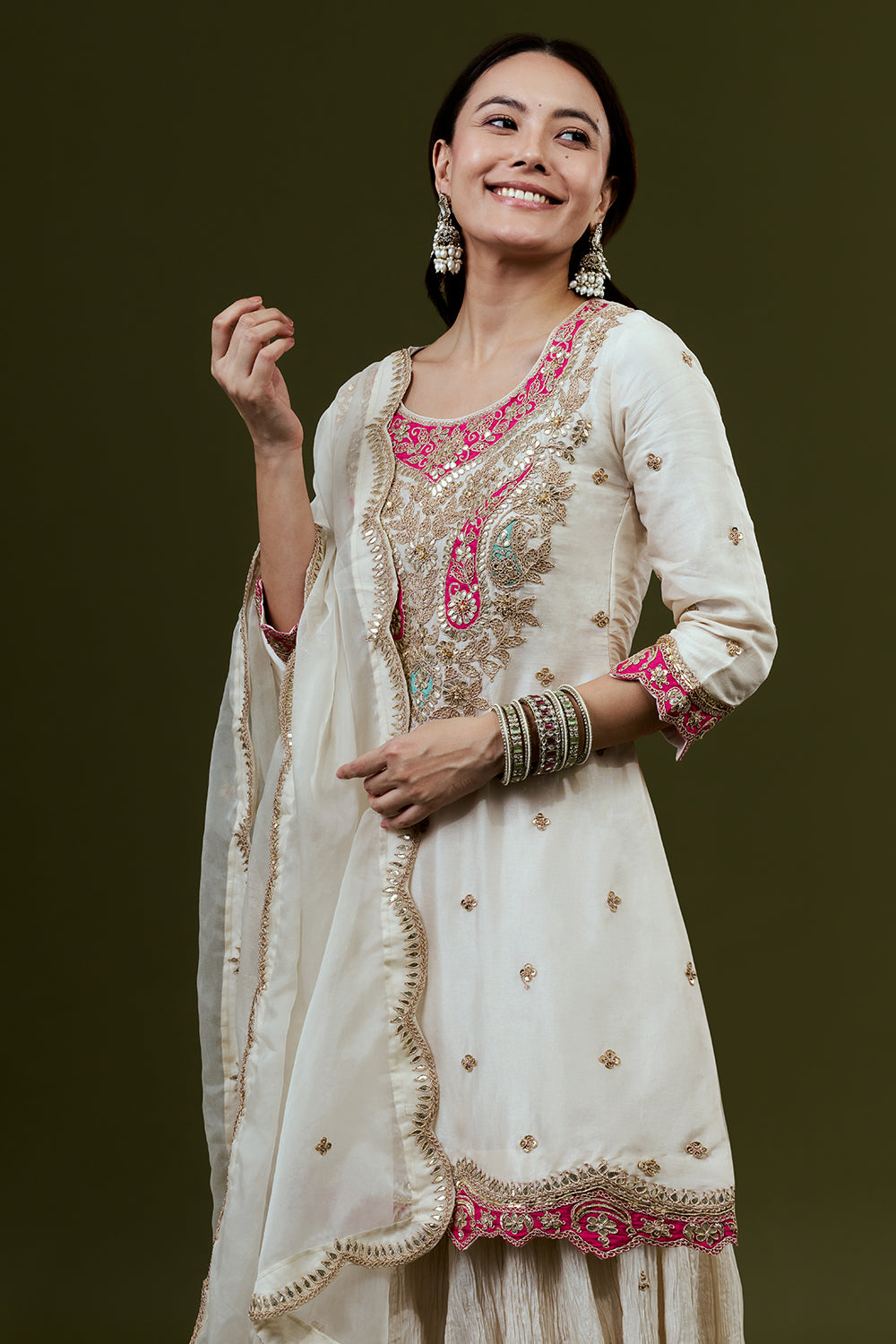 Ivory Art Silk Suit Set with Zardosi Work