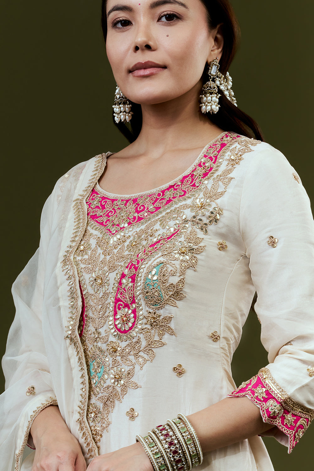 Ivory Art Silk Suit Set with Zardosi Work