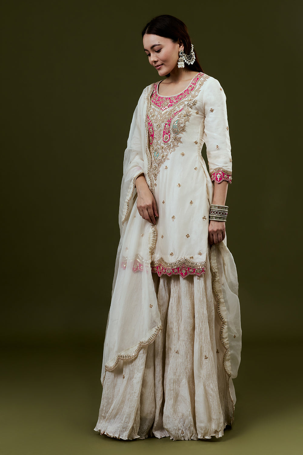 Ivory Art Silk Suit Set with Zardosi Work