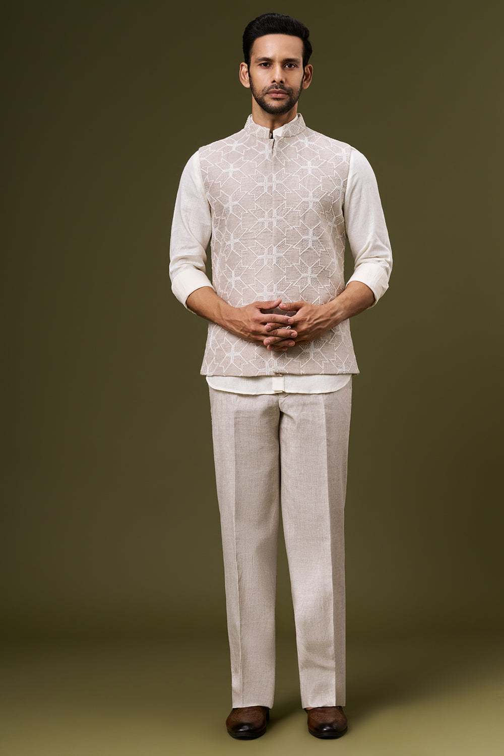 Ivory Beige Cotton Bundi Set with Thread and Bead Work